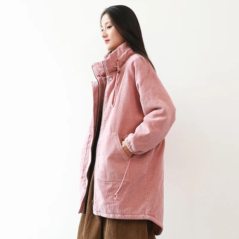 Johnature, женские вельветовые парки, винтажные теплые пальто со стоячим воротником, зима, новинка, длинный рукав, Толстая Женская одежда в стиле пэчворк, ретро парки - Цвет: Розовый