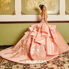 Новинка: вышитое бисером бальное платье без бретелек Quinceanera шея Аппликация Сладкий 16 атласное платье развертки Поезд блестками маскарадный костюм; платья