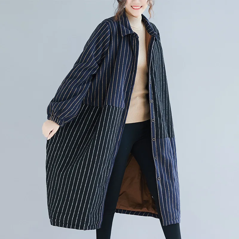 Johnature Autumn Winter Fashion All-match Stripe Pockets Single Breasted Coat New Loose Long Sleeve Women Coats