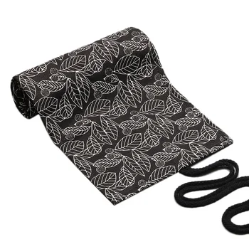 

Black Leaf Canvas Printing Pen Curtain Large Capacity Pencil Case Sketch Stationery Bag