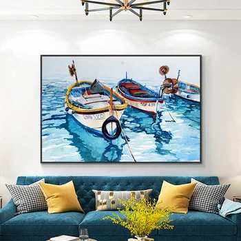 

Boat On The Blue Sea Oil Painting Seascape Wall Art Canvas Painting Posters and Prints Nordoc Picture For Living Room Home Decor