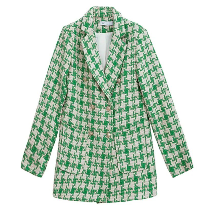 New Women Autumn Coats Korean Medium Long Loose Avocado Green Overcoat Houndstooth Winter Hairy Female Elegant Jacket SS676