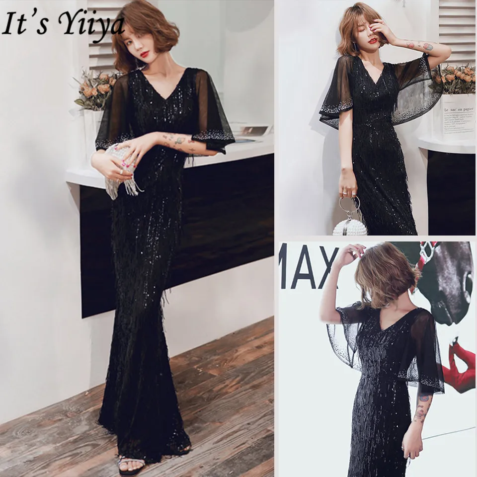 

It's Yiiya Eveing Gowns Tassel Short Sleeve Mermaid Floor-Length Evening Dress 2019 K031 Sequined Crystal Dress Woman Party