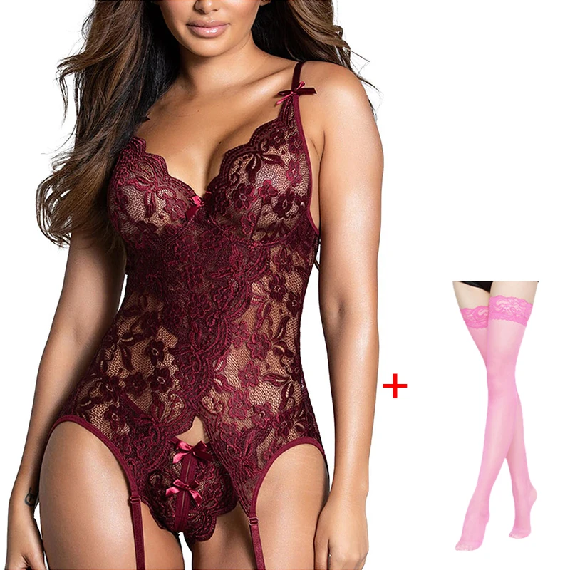 cheap bra and panty sets Women Lace Open Bra Sets Bodysuit + Stockings Temptation Seamless Underwear Lenceria Sensual Mujer Sleepwear Lingerie Sexy Bras lounge underwear set Bra & Brief Sets