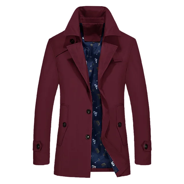 Men Trench Men Trench Jacket Men Fashion Brand Slim Fit Solid Color Lapel Long Overcoat Casual Trench Coat Male Jacket Thin - Color: Burgundy