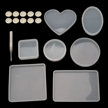 

18Pcs Handmade Coaster Silicone Resin Mold Round Square Rectangle Heart Oval Bottom DIY Molds Kit Jewelry Making Tools