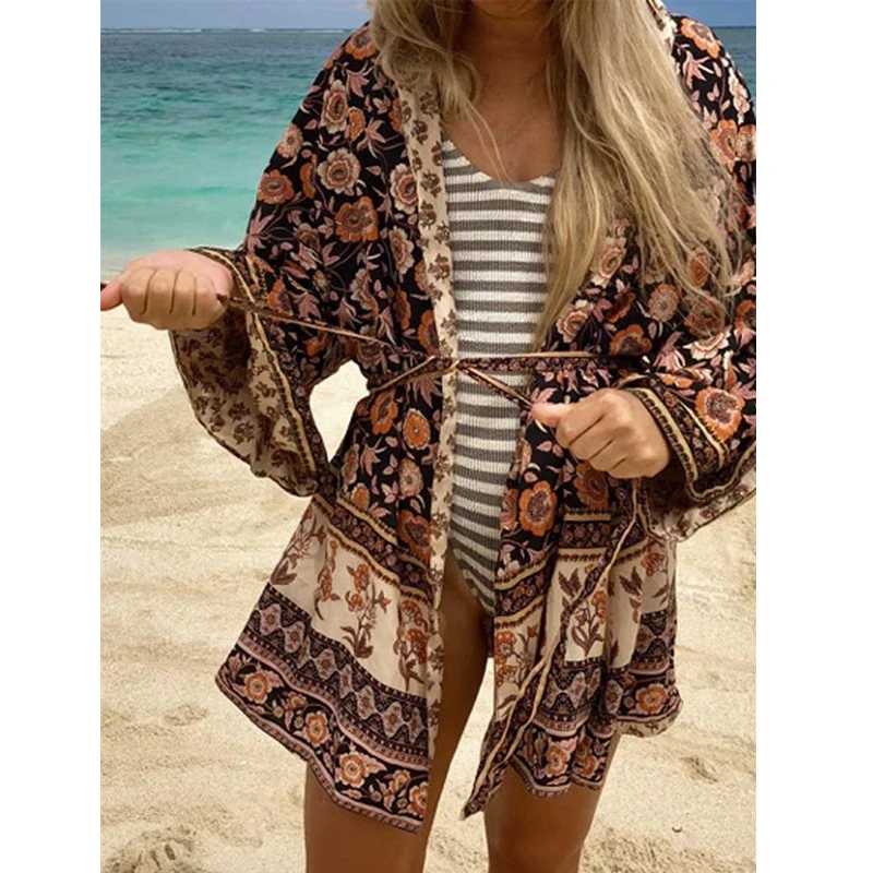 

TEELYNN Cardigan Boho blouse 2019 brown floral print summer blouses sexy beach shirt Hippie Bohemia rayon women blouse Blusas