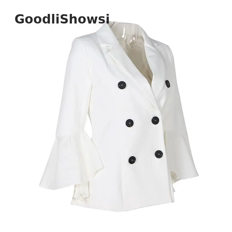 GoodliShowsi Модные женские белые блейзеры Топ сплошной цвет зубчатый лацканы с расклешенными рукавами оборками двубортный костюм куртки OL