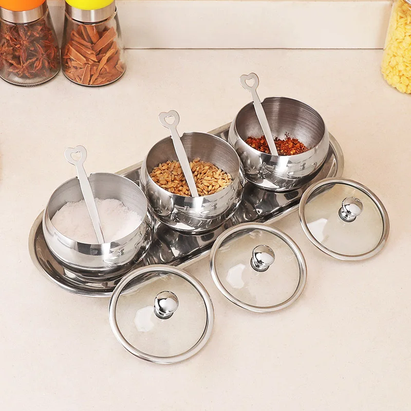 304 Stainless Steel Seasoning Containers with Spoon Tray Four-piece Set-Visual Transparent Tempered Glass Cover Seasoning Contai
