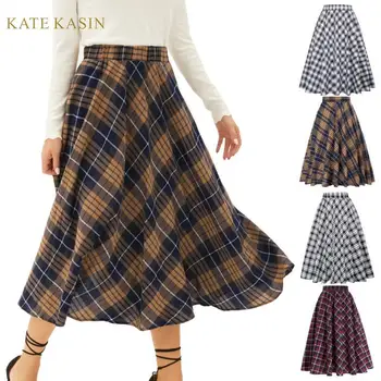 

Kate Kasin Women's Vintage Plaid A-Line Skirt Grid Pattern Pleated Swing Skirt Spring/Autumn Casual Flared Midi Skirts KK000495