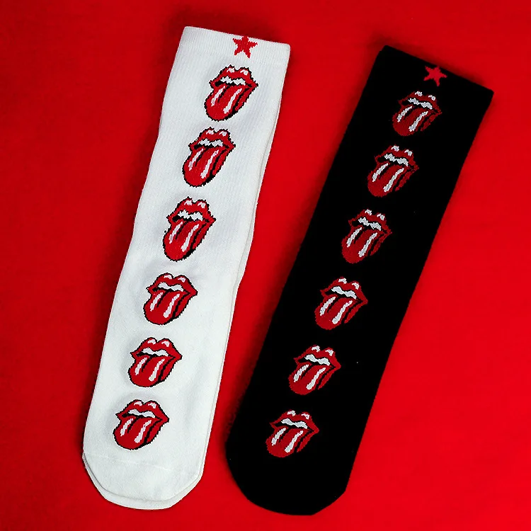 Хлопковые носки до середины икры для взрослых, прямые носки, с изображением лица, с большим ртом, темно-алые и красные губы, мягкие