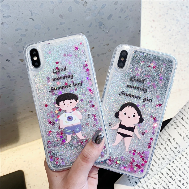 

Cartoon boy girl pattern quicksand phone case for iphone 8 8 plus 7 7plus 6 6S plus XS Max XR X cute drop phone case