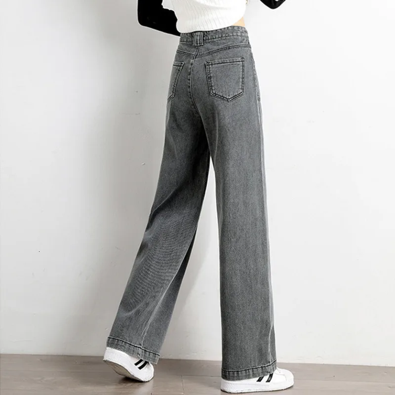 Kopen #3208 2020 Herfst Toevallige Hoge Taille Boyfriend Jeans Voor Vrouwen Blauw Grijs Hoge Taille Wijde Pijpen Jeans Losse Volledige lengte Straight