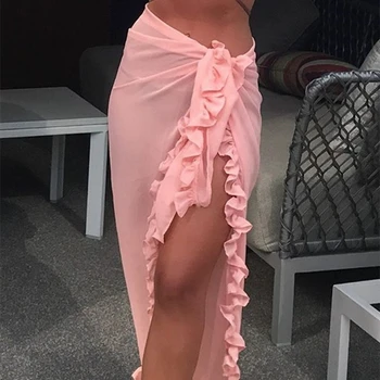 

Fashion Solid Beach Women Skirt Sexy High Split Lace-Up Short Wrap Sarong Bikini Cover up Swim Skirts Ruffles Chiffon Long Skirt