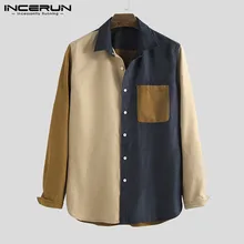 Модная Вельветовая Лоскутная Мужская рубашка с карманами, уличная одежда с длинным рукавом, шикарные индивидуальные повседневные рубашки, мужские брендовые рубашки