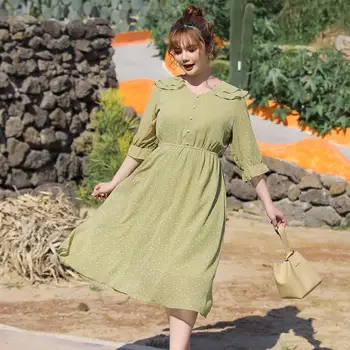 

Women's Summer Print Lapel Button Ruffled Dress Plus Size Knee Length Casual Dress 100kg Can Wear