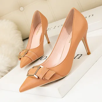 

2020 New Sexy Pointed Toe Ladies dress Shoes Fashion Bride Wedding Shoes Metal Buckle Thin Heel High Heels Pumps Women Shoes