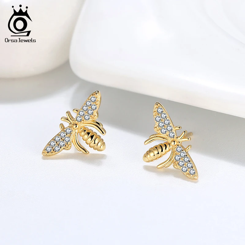 

ORSA JEWELS Lovely Animal Stud Earrings 925 Silver with Little Bee Shape AAAA Zircon Earring Jewelry Wedding Party Gift OSE280