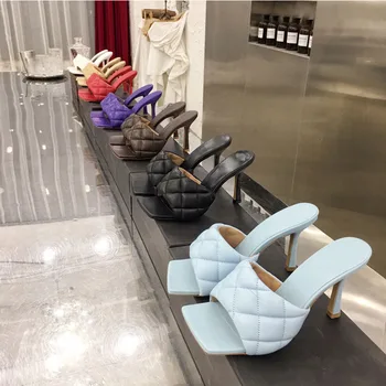 

2020 New Luxury Brand Slippers Suquar Toe High Heels Sexy Fashion Shoes Sandals Slippers Women Shoes Solid Summer Party Wedding