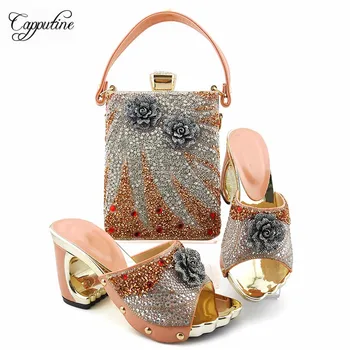 

Latest peach design high heel slipper shoes and bag set nice rhinestones for wedding/party MD013, heel height 9cm
