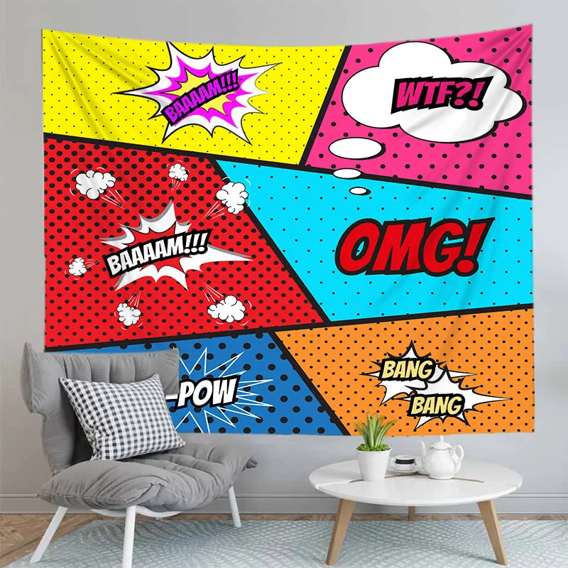 Fashion Comics Printed Wall Hanging Tapestry Speech Bubbles Illustration Polyeseter Bedspread Yoga Mat Blanket Large 200*150cm | Дом и сад