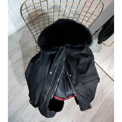 Натуральным лисьим зимние меховые Шубы женские куртки Натуральный Мех Подкладка толстый с капюшоном пуховики - Цвет: black