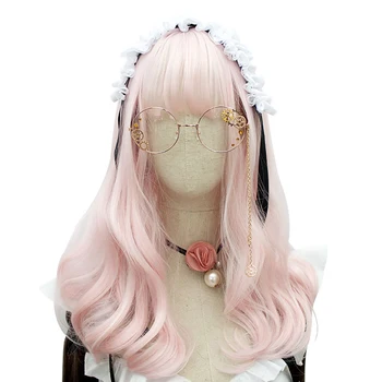 

Lolita Cosplay Long Curly Hair Big Wave Light Pink Air Bangs Cute Fiber High Temperature Resistant Synthetic Wig Harajuku