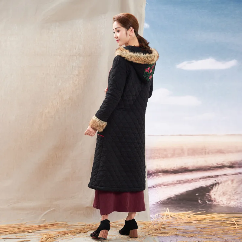 

2019 New Style Ethnic-Style WOMEN'S Dress Fall And Winter Clothes Chinese Style Embroidered Long Cotton Overcoat Fur Collar Hood