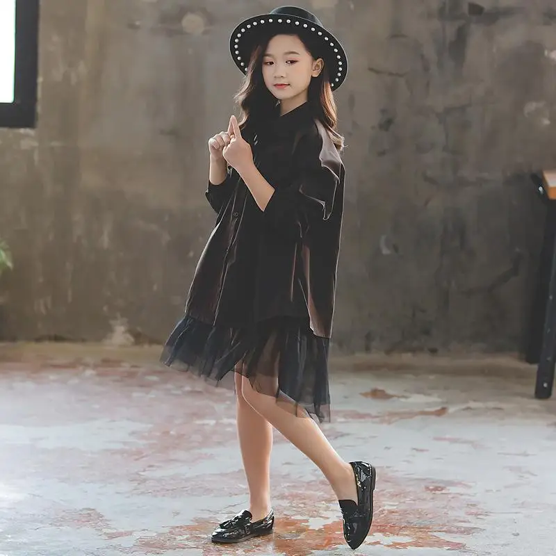 Модное черное Сетчатое платье-рубашка для девочек-подростков; одежда с длинными рукавами для девочек