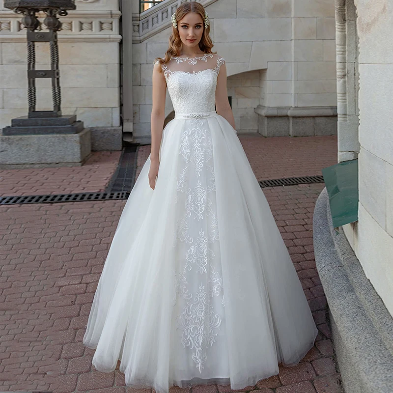 

Modest O-neck A-line Wedding Gowns 2020 Sweep Train Appliques Beadings Tulle Sleeveless Bridal Dresses Custom Made