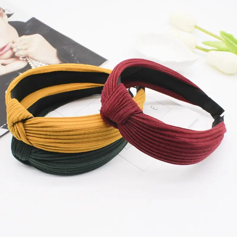

Womens Retro Solid Color Hairband Ruched Pleated Thicken Wide Hair Hoop Stretchy Striped Twist Cross Knotted Headband 7 Colors