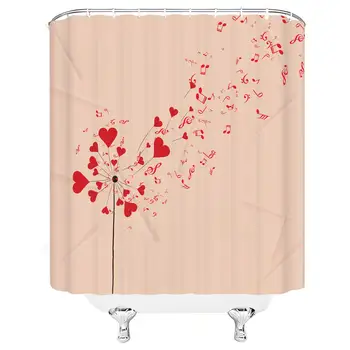 

Red Music Shower Curtain Creative Red Heart Shaped Dandelion Seeds and Red Musical Notes Polyester Fabric Bathroom Shower