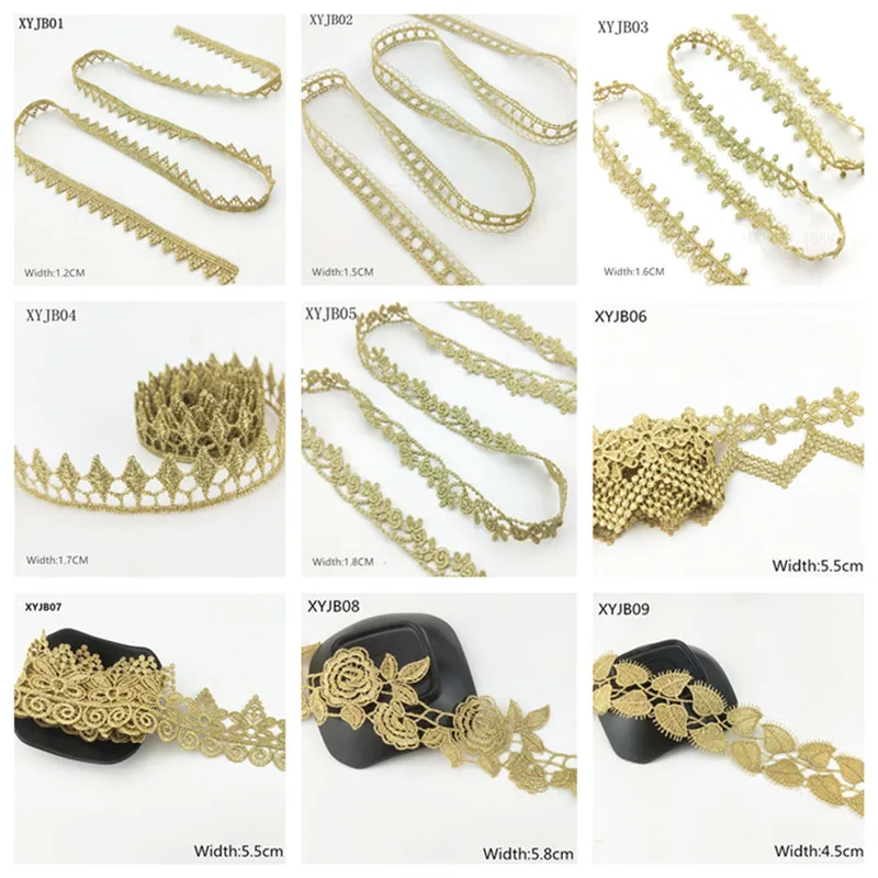 2y 골드 레이스 DIY 로리타 의류 액세서리 재봉 레이스 트림 너비 1.2-12cm 퀸 드레스 웨딩 레이스 소재 XYJB01 XYJB36