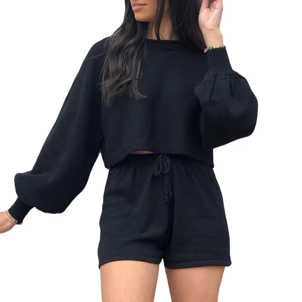 

Women Clothes Set Sexy Solid Long Sleeve Knitted Pullover Loose Cropped Hoodies Top+Drawstring Shorts Autumn Casual Clothes Sets