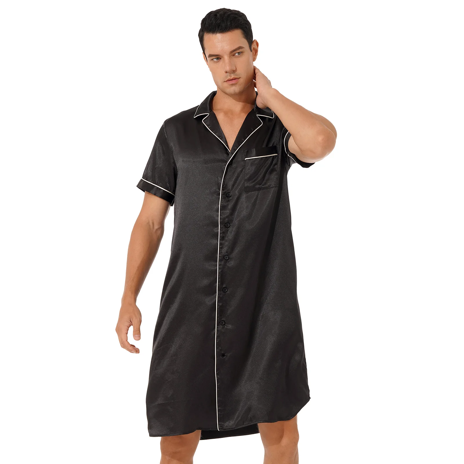 Male Satin Nightshirt Pyjama Sleep Tops Men Short Sleeve Button Down Loose Sleepwear Loungewear Soft Comfortable HomeWear satin pajamas Men's Sleep & Lounge