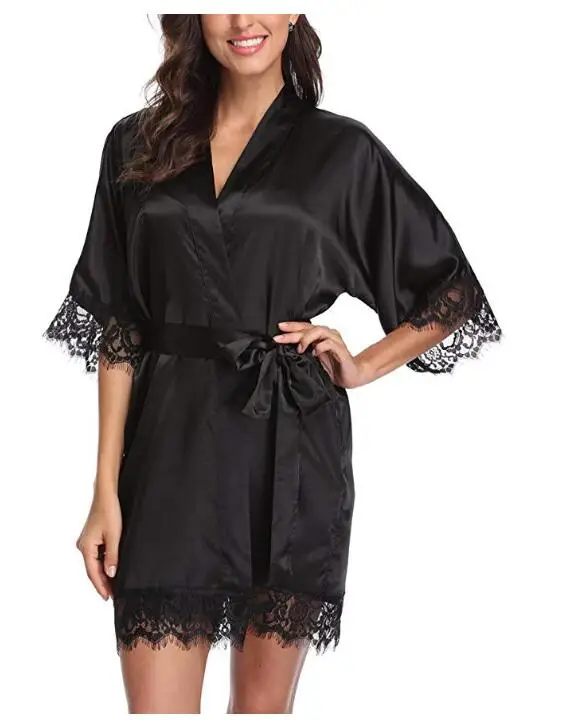 Hot White Women Silk Lace Robes Wedding Bridesmaid Bride Gown kimono Solid robe Sleepwear Nightgown Bridesmaid Robes size M-XL - Цвет: black