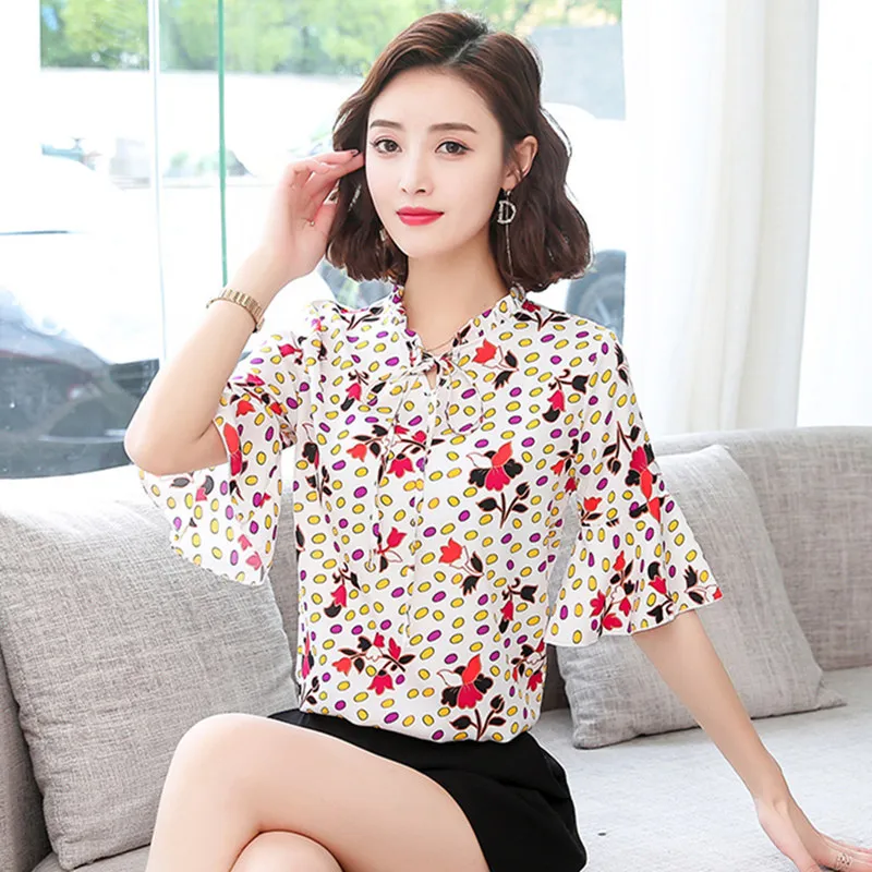 

Korean Chiffon Women Blouses Shirt Woman Print Blouse Women Flare Sleeves Blouses Bow Tops Plus Size Woman Floral Blouse Top 5XL