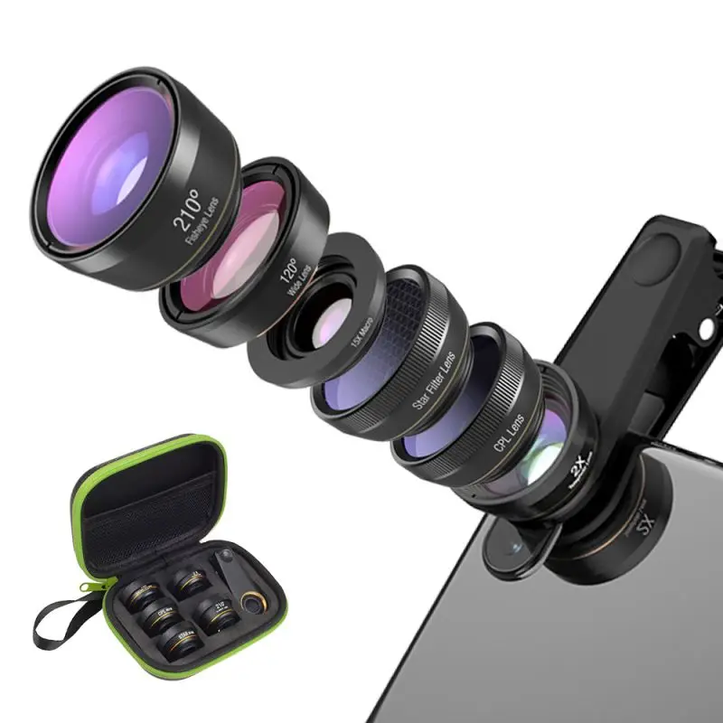 

6 In 1 Mobile Phone Lens Kit Wide Micro Angle Fisheye Telephoto Mobile Lentes Multifunctional Detachable lens With Travel Case