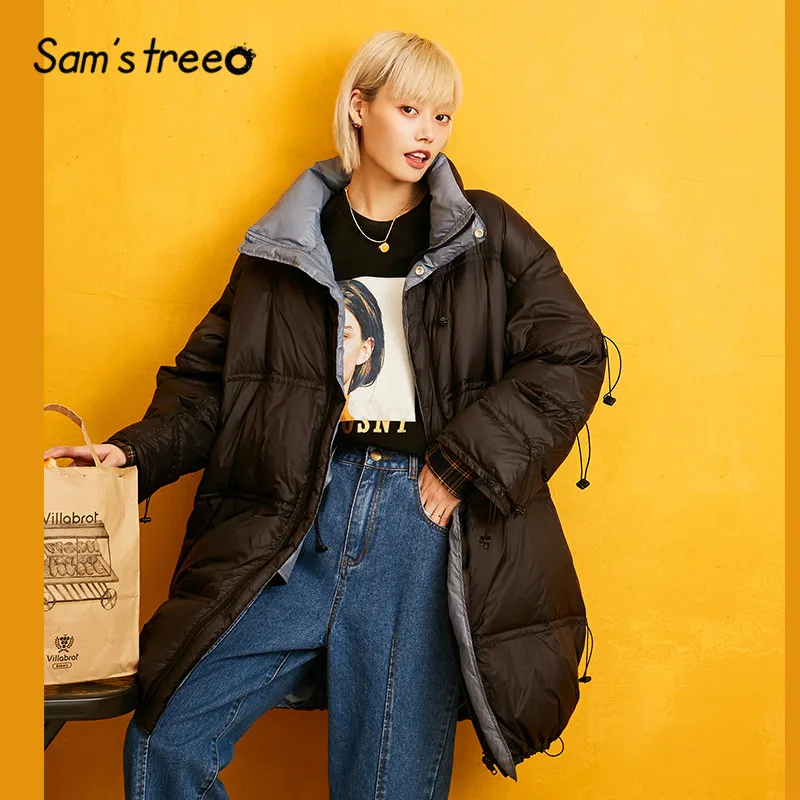 

SAM'S TREE Black Pure Minimalist Style Warmness Down Coat Women 2019 Winter Drawstring Oversived Office Ladies Outwear