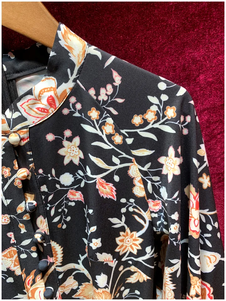 New Vintage printing famous woman s temperament receives waist to show thin temperament bubble sleeve dress