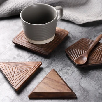 

DUNXDECO Table Placemat Coffee Tea Cup Pad Black walnut Wood Cork Coaster Mat Modern Simple Geometric Shape Desk Decoration 3PCS