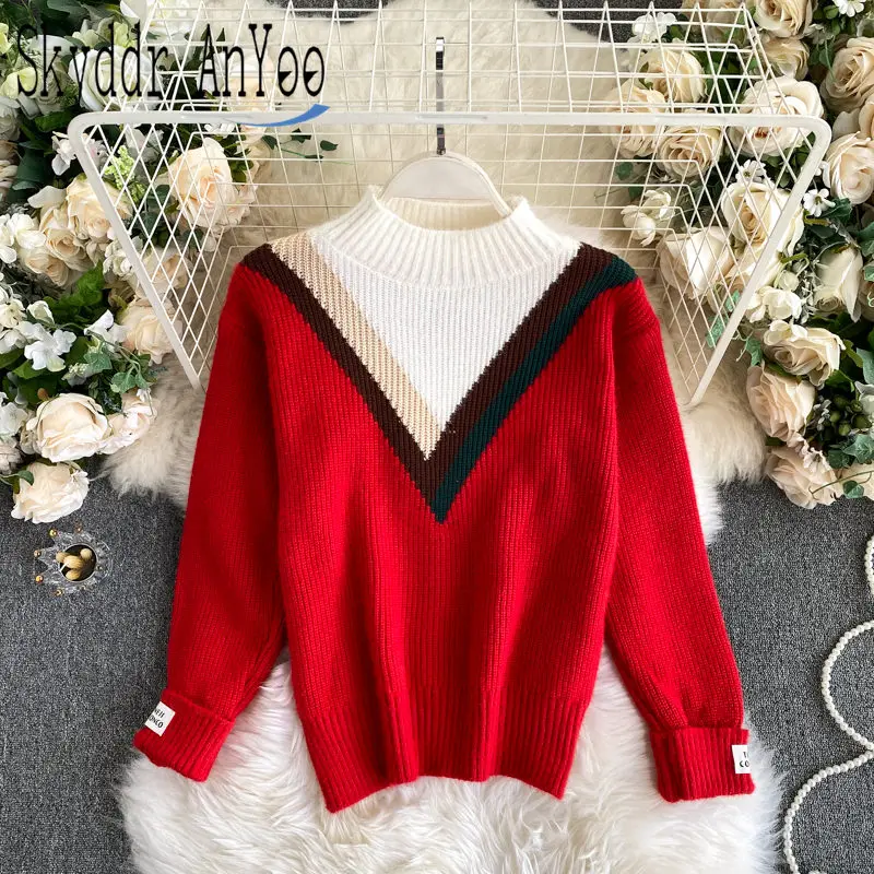 

2020 Korean Fashion Women's Sweaters Pullovers Loose Pull Femme Hive Elegant Knitted Sweater Top Patchwork Autumn Winter Jumper