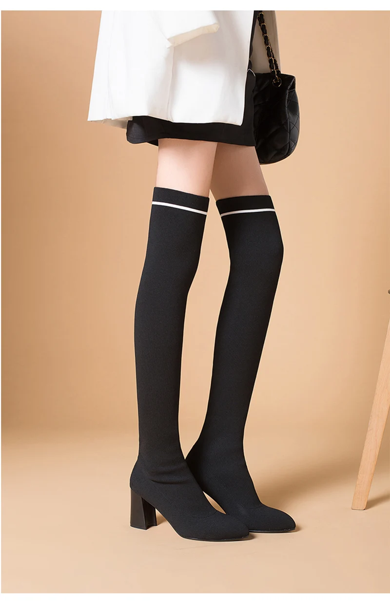 over the knee slim tall fur thick slip on black long knit chunky ladies women boots winter sock high heel round toe shoes