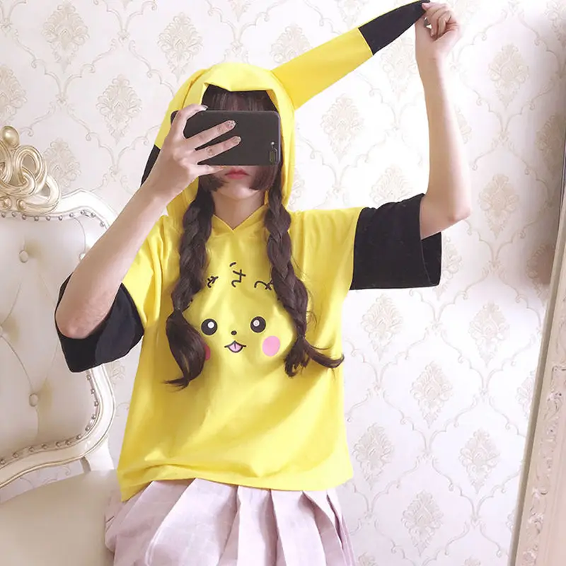 Harajuku Толстовка для женщин и девочек Пикачу длинные пика уши рубашки Kawaii японское аниме Pikachu Толстовка Топы повседневные женские худи S XXL