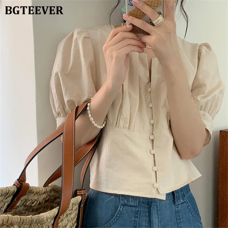 BGTEEVER Summer Tops Elegant O-neck Single-breasted Women Blouses Short Sleeve Casual Female Shirts Solid Blusas Mujeres 2020 BGTEEVER Summer Tops Elegant O-neck Single-breasted Women Blouses Short Sleeve Casual Female Shirts Solid Blusas Mujeres 2020