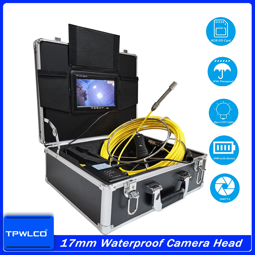 

20-50m Cable 17mm Waterproof 720P Pipe Endoscope Camera With 6 LEDS 7inch Sewer Pipeline Drain Inspection System Support DVR