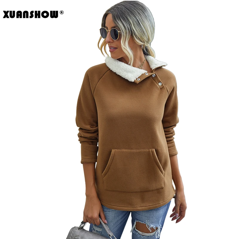 

XUANSHOW 2020 Autumn Fashion Women Sweatshirt Hot Style Long Sleeve Pocket Stitching Irregular Keep Warm Clothes Coat Sudaderas