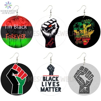 

SOMESOOR Black Forever Power Fist Collections African Wooden Drop Earrings AFRO RASTA Sayings Designs Jewelry For Women Gifts