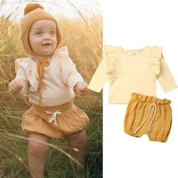 

2pcs Newborn Baby Girls Clothes Long Sleeve Ruffles Solid Color Tops+Lovely PP Shorts Cotton&Linen Outfits