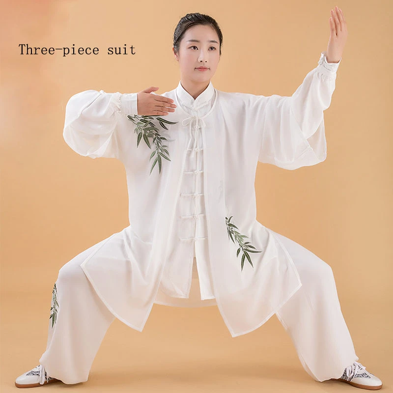 2Pcs Chinese Triditional Tai Chi Set Wushu Kungfu Classical Practice Clothes Performance Bamboo Plum Embroidery Buckle Unisex